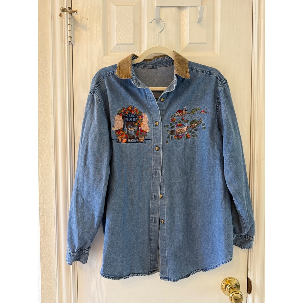 Vintage Denim Button Down Shirt Cottagecore Embroidered Corduroy Collar‎